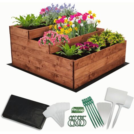 MODO24 Carré potager surélevé en bois, 3 niveaux en cascade, 45x90x93 cm, jardin/terrasse, kit jardinier inclus, brun imprégné