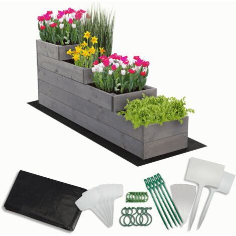 MODO24 Carré potager surélevé en bois, 4 niveaux en cascade, 45x30x120 cm, jardin/terrasse, kit jardinier inclus, gris imprégné