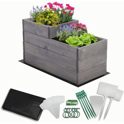 MODO24 Carré potager surélevé en bois, 2 niveaux en cascade, 36x30x63 cm, jardin/terrasse, kit jardinier inclus, gris imprégné