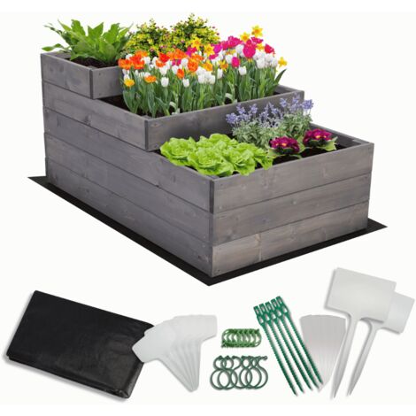 MODO24 Carré potager surélevé en bois, 3 niveaux en cascade, 45x60x93 cm, jardin/terrasse, kit jardinier inclus, gris imprégné