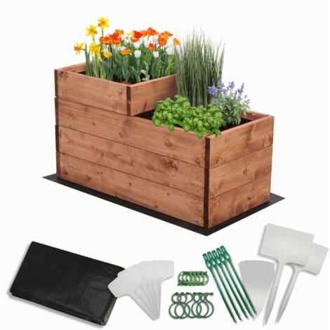 MODO24 Carré potager surélevé en bois, 2 niveaux en cascade, 36x30x63 cm, jardin/terrasse, kit jardinier inclus, brun imprégné