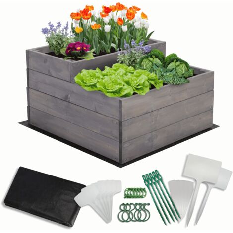 MODO24 Carré potager surélevé en bois, 2 niveaux en cascade, 36x60x63 cm, jardin/terrasse, kit jardinier inclus, gris imprégné