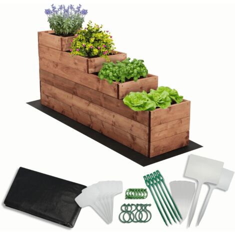 MODO24 Carré potager surélevé en bois, 4 niveaux en cascade, 54x30x120 cm, jardin/terrasse, kit jardinier inclus, brun imprégné