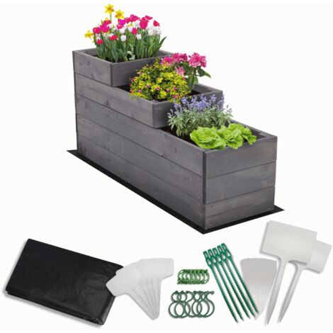 MODO24 Carré potager surélevé en bois, 3 niveaux en cascade, 45x30x93 cm, jardin/terrasse, kit jardinier inclus, gris imprégné