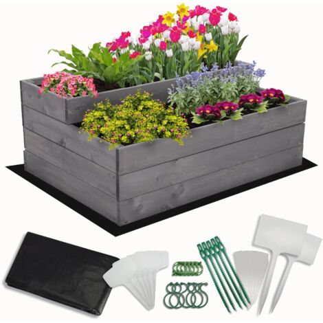 MODO24 Carré potager surélevé en bois, 2 niveaux en cascade, 36x90x63 cm, jardin/terrasse, kit jardinier inclus, gris imprégné