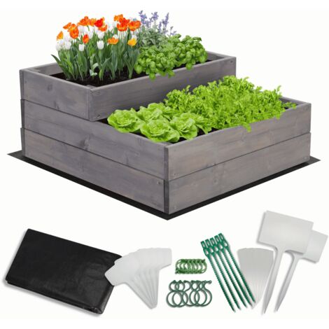 MODO24 Carré potager surélevé en bois, 2 niveaux en cascade, 27x60x63 cm, jardin/terrasse, kit jardinier inclus, gris imprégné