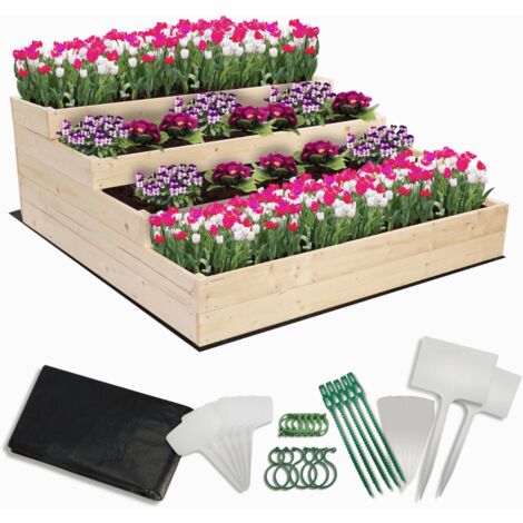 MODO24 Carré potager surélevé en bois, 4 niveaux en cascade, 45x117x120 cm, jardin/terrasse, kit jardinier inclus, naturel