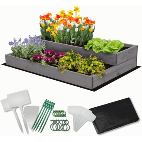 MODO24 Carré potager surélevé en bois, 2 niveaux en cascade, 18x90x63 cm, jardin/terrasse, kit jardinier inclus, gris imprégné