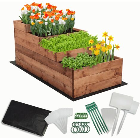 MODO24 Carré potager surélevé en bois, 4 niveaux en cascade, 54x60x120 cm, jardin/terrasse, kit jardinier inclus, brun imprégné