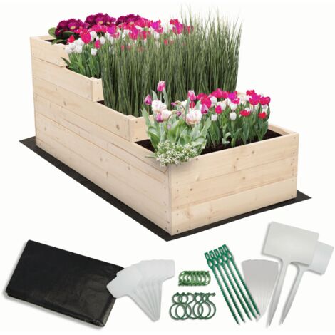 MODO24 Carré potager surélevé en bois, 4 niveaux en cascade, 54x60x120 cm, jardin/terrasse, kit jardinier inclus, naturel