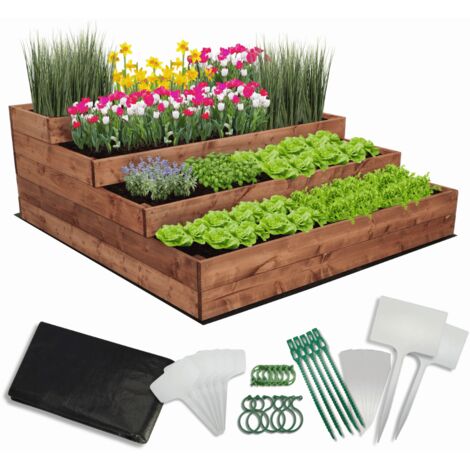 MODO24 Carré potager surélevé en bois, 4 niveaux en cascade, 45x117x120 cm, jardin/terrasse, kit jardinier inclus, brun imprégné