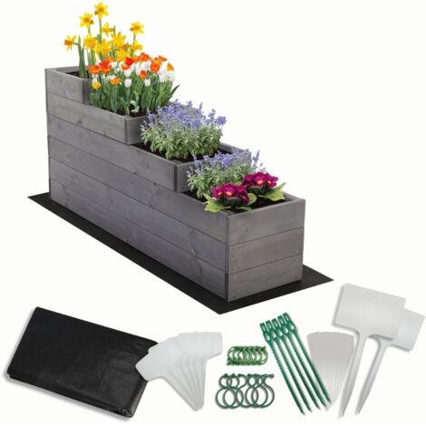 MODO24 Carré potager surélevé en bois, 4 niveaux en cascade, 54x30x120 cm, jardin/terrasse, kit jardinier inclus, gris imprégné