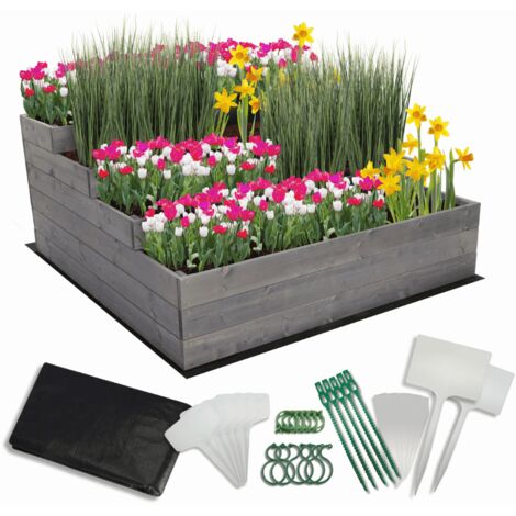 MODO24 Carré potager surélevé en bois, 4 niveaux en cascade, 54x117x120 cm, jardin/terrasse, kit jardinier inclus, gris imprégné