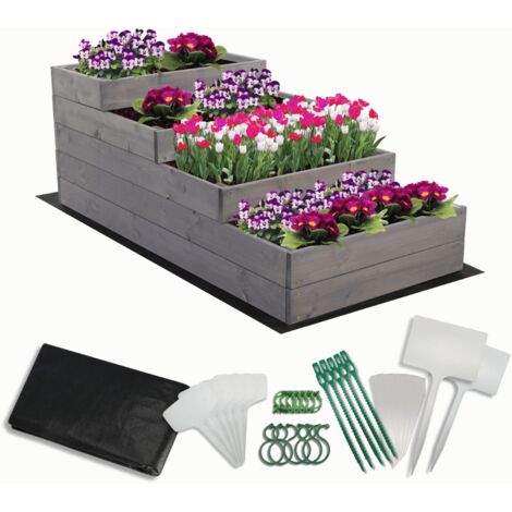MODO24 Carré potager surélevé en bois, 4 niveaux en cascade, 45x60x120 cm, jardin/terrasse, kit jardinier inclus, gris imprégné