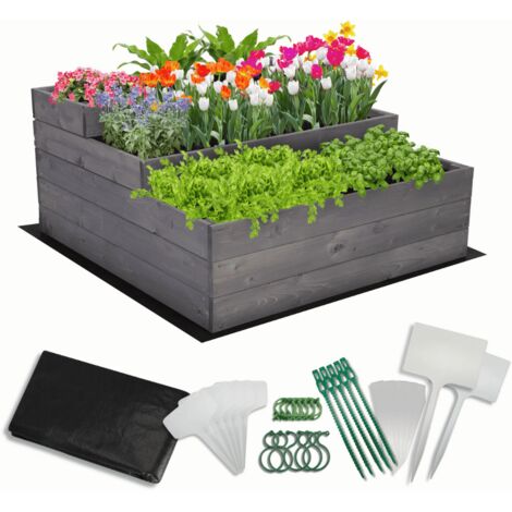 MODO24 Carré potager surélevé en bois, 3 niveaux en cascade, 45x90x93 cm, jardin/terrasse, kit jardinier inclus, gris imprégné