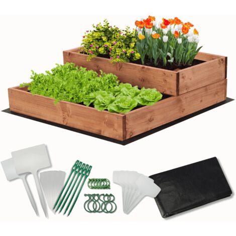 MODO24 Carré potager surélevé en bois, 2 niveaux en cascade, 18x60x63 cm, jardin/terrasse, kit jardinier inclus, brun imprégné
