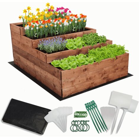 MODO24 Carré potager surélevé en bois, 4 niveaux en cascade, 54x90x120 cm, jardin/terrasse, kit jardinier inclus, brun imprégné