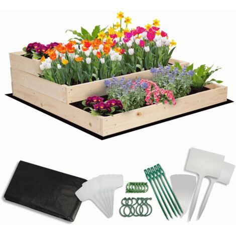 MODO24 Carré potager surélevé en bois, 3 niveaux en cascade, 27x90x93 cm, jardin/terrasse, kit jardinier inclus, naturel