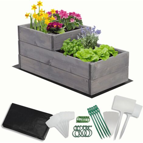 MODO24 Carré potager surélevé en bois, 2 niveaux en cascade, 27x30x63 cm, jardin/terrasse, kit jardinier inclus, gris imprégné