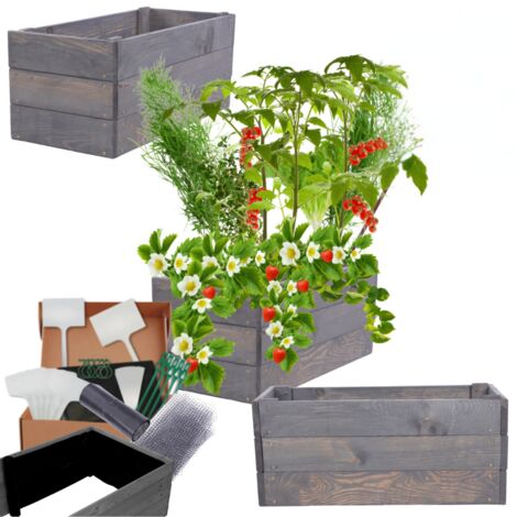 MODO24 Carré potager ZP06 surélevé en bois de pin massif pour jardin et terrasse, 27x63×30 cm, gris imprégné