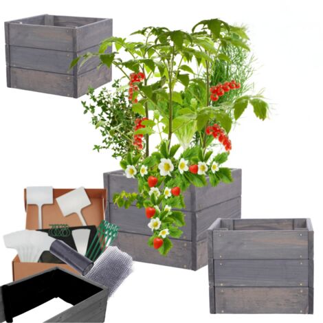 MODO24 Carré potager ZP06 surélevé en bois de pin massif pour jardin et terrasse, 27x33×30 cm, gris imprégné