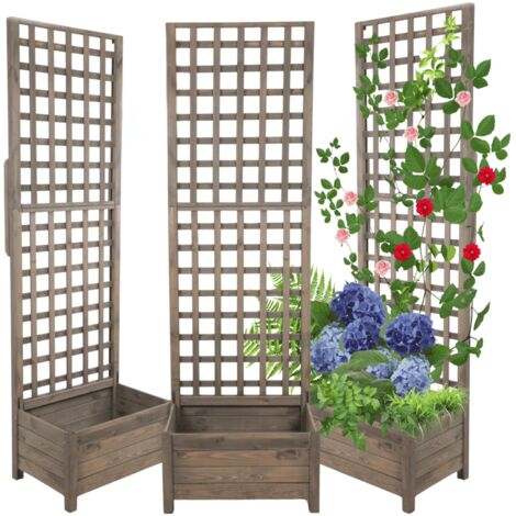 MODO24 Jardinière avec treillis pergola en pin, sur pieds, bac à fleurs 190x60x40 cm, jardin/balcon/terrasse, gris imprégné (1/5)