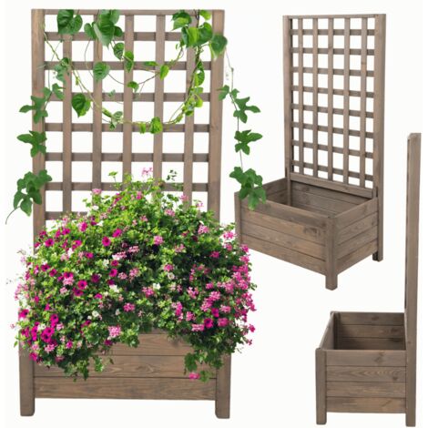MODO24 Jardinière avec treillis bois de pin, sur pieds, bac à fleurs 116x60x40 cm, jardin/balcon/terrasse, gris imprégné (1/5)