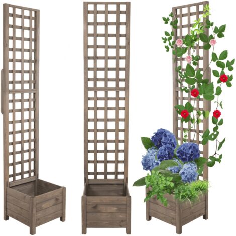 MODO24 Jardinière avec treillis pergola en pin, sur pieds, bac à fleurs 190x40x40 cm, jardin/balcon/terrasse, gris imprégné