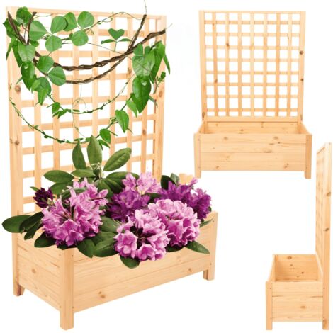 MODO24 Jardinière avec treillis bois de pin, sur pieds, bac à fleurs 116x80x40 cm, jardin/balcon/terrasse, naturel (brut)