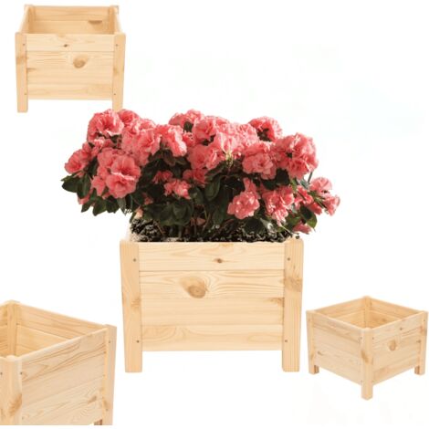 MODO24 Jardinière sur pieds bois pin, bac à fleurs jardin/balcon/terrasse, pour fleurs & herbes, 31x40x40 cm, naturel (brut)