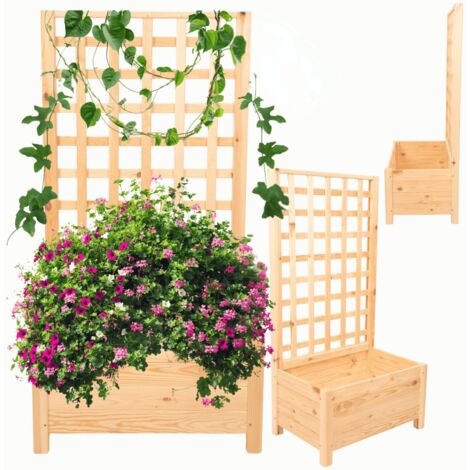MODO24 Jardinière avec treillis bois de pin, sur pieds, bac à fleurs 116x60x40 cm, jardin/balcon/terrasse, naturel (brut)