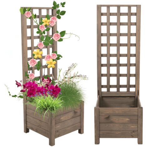 MODO24 Jardinière avec treillis bois de pin, sur pieds, bac à fleurs 116x40x40 cm, jardin/balcon/terrasse, gris imprégné (1/5)