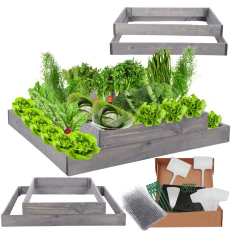 MODO24 ZP09 Carré potager surélevé en escalier modulable, bois de pin, herbes/légumes, jardin/terrasse/balcon, 18x90x80 cm, gris