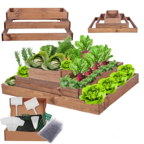 MODO24 ZP09 Carré potager surélevé en escalier modulable, bois de pin, herbes/légumes, jardin/terrasse/balcon, 27x117x80 cm, marron