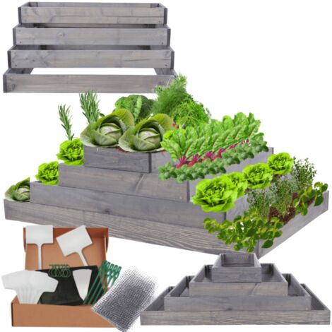 MODO24 ZP09 Carré potager surélevé en escalier modulable, bois de pin, herbes/légumes, jardin/terrasse/balcon, 36x117x80 cm, gris