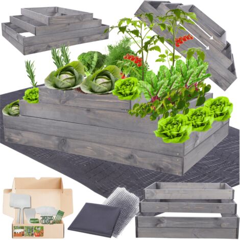 MODO24 ZP09 Carré potager surélevé en escalier modulable, bois de pin, herbes/légumes, jardin/terrasse/balcon, 36x117x90 cm, gris