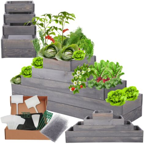 MODO24 ZP09 Carré potager surélevé en escalier modulable, bois de pin, herbes/légumes, jardin/terrasse/balcon, 45x117x30 cm, gris