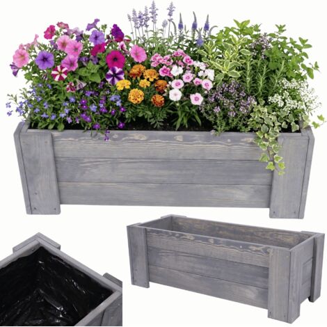 MODO24 Jardinière en bois de pin, bac à fleurs/potager pour fleurs, herbes et légumes, jardin/balcon/terrasse,30x80x33 cm, gris (1/5)