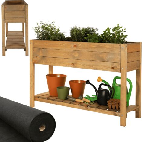 MODO24 Jardinière sur pieds en bois OBM avec étagère, bac à herbes jardin/balcon/terrasse, 78x118x40 cm, marron (1/5)