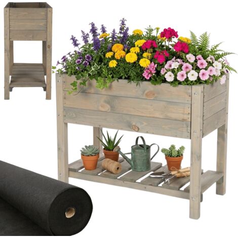 MODO24 Jardinière sur pieds en bois OBM avec étagère, bac à herbes jardin/balcon/terrasse, 78x78x40 cm, gris (1/5)