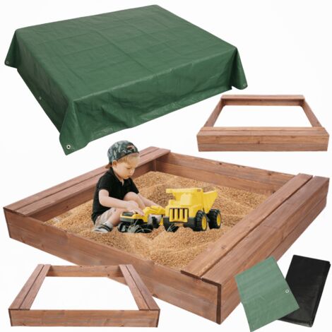 MODO24 Bac à sable en bois de jardin 140x137 cm, avec bancs, agrofibre incluse, avec bâche 2x2 m, marron imprégné (1/5)
