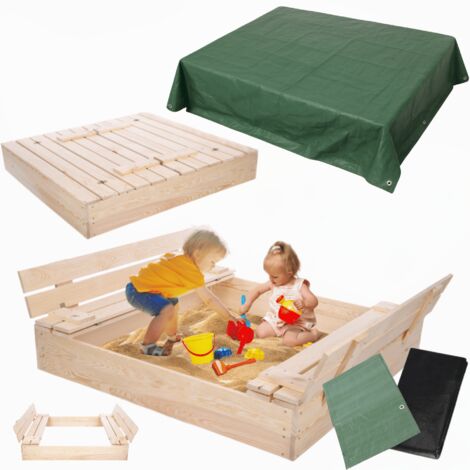 MODO24 Bac à sable en bois de jardin 120x117 cm, couvercle 2-en-1, bancs dossier, agrofibre incluse, avec bâche 2x2 m, naturel brut