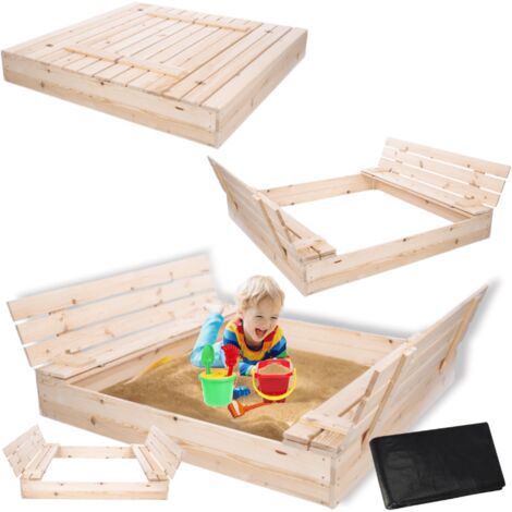 MODO24 Bac à sable en bois de jardin 140x137 cm, couvercle 2-en-1, bancs dossier, agrofibre incluse, naturel brut