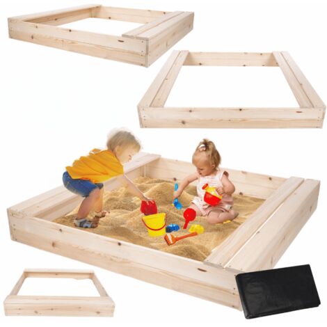 MODO24 Bac à sable en bois de jardin 140x137 cm, avec bancs, agrofibre incluse, naturel brut