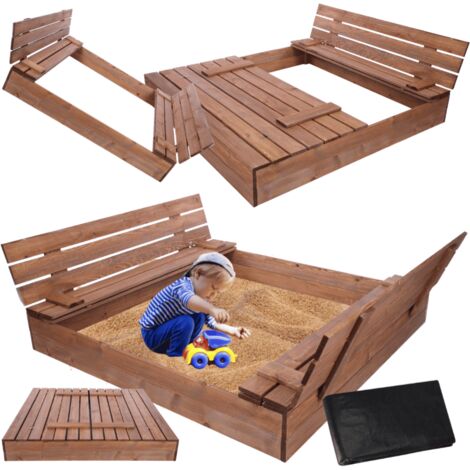 MODO24 Bac à sable en bois de jardin 140x137 cm, couvercle 2-en-1, bancs dossier, agrofibre incluse, marron imprégné