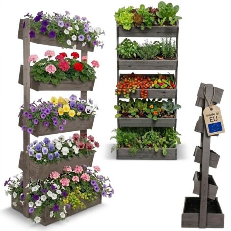 MODO24 KKS Porte-plantes vertical 187x82x57 cm, jardinière bois, 5 étagères réglables, jardin/balcon/terrasse, gris imprégné