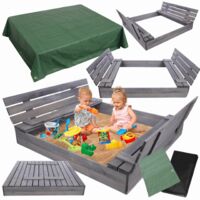 MODO24 Bac à sable en bois de jardin 140x137 cm, couvercle 2-en-1, bancs dossier, agrofibre incluse, avec bâche 2x2 m, gris imprégné