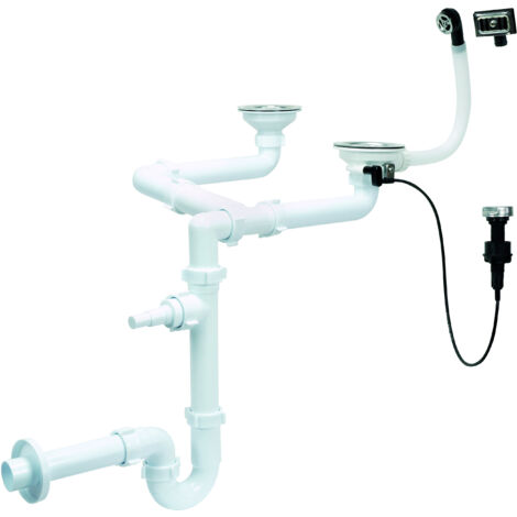 Siphon double évier 115 mm, avec trop-plein et câble de commande (1/2)