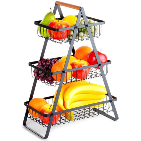 Panier à trois niveaux pour fruits et légumes, plateau en métal noir (1/5)