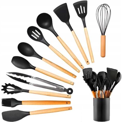 Ustensiles de cuisine en SILICONE Accessoires Ensemble de 12 pièces Manche en BOIS